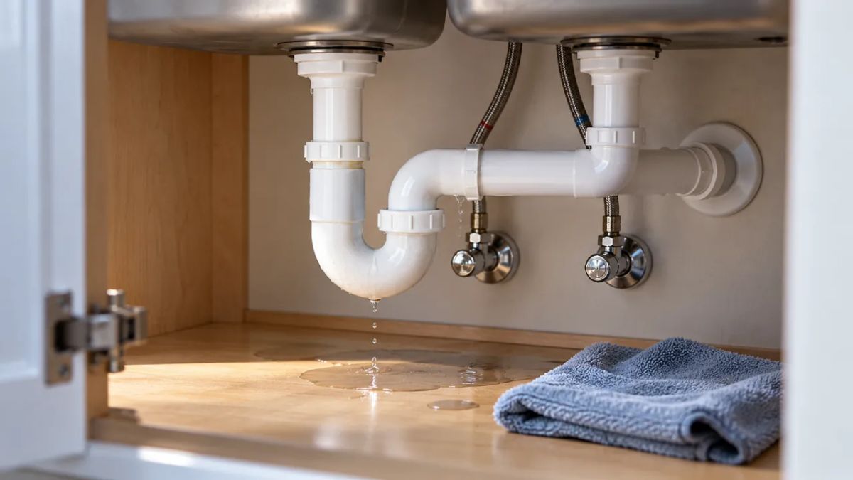 Water dripping from white drain plumbing beneath a kitchen sink into a small puddle on the cabinet floor.