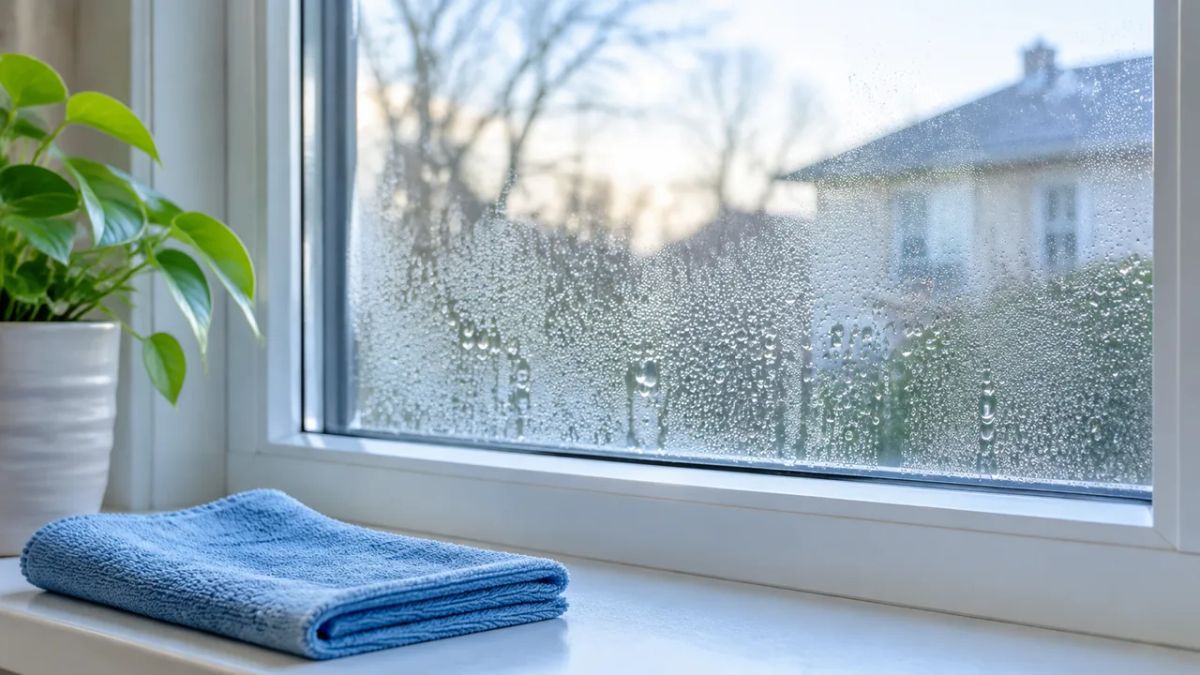 Water droplets on the inside of a home window beside a folded blue cloth and a potted plant.