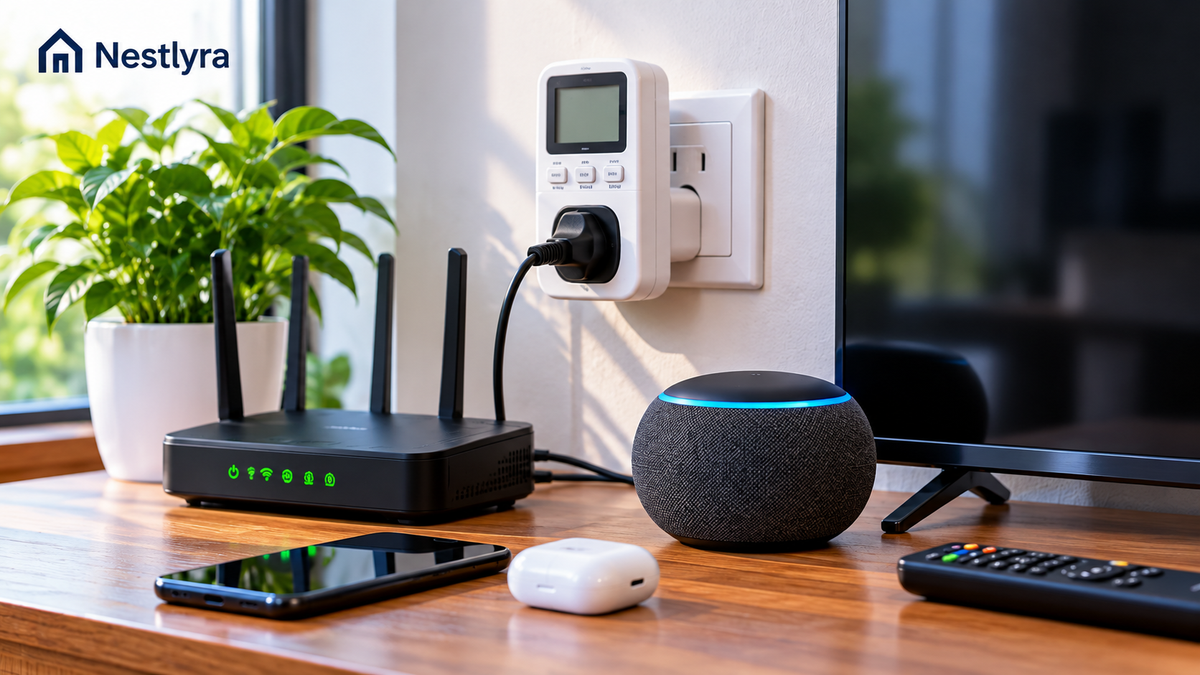 A home desk with a Wi-Fi router, chargers, smart speaker, and television illustrating household standby electricity consumption.