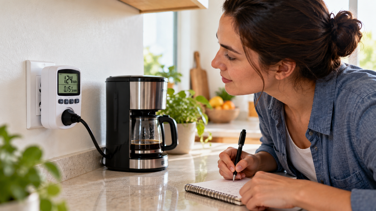 Homeowner checking a plug-in electricity usage monitor and recording appliance energy consumption in a notebook.